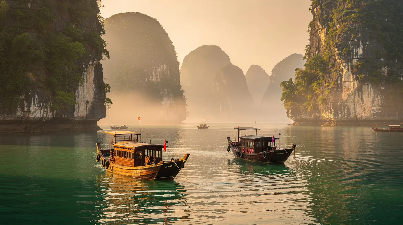 A picturesque scene featuring traditional boats floating on calm waters, framed by towering limestone karsts in Vietnam. This serene landscape invites travelers, including Indian citizens, to explore the natural beauty of Việt Nam, while also highlighting the importance of obtaining a valid Vietnam visa for a seamless entry experience.