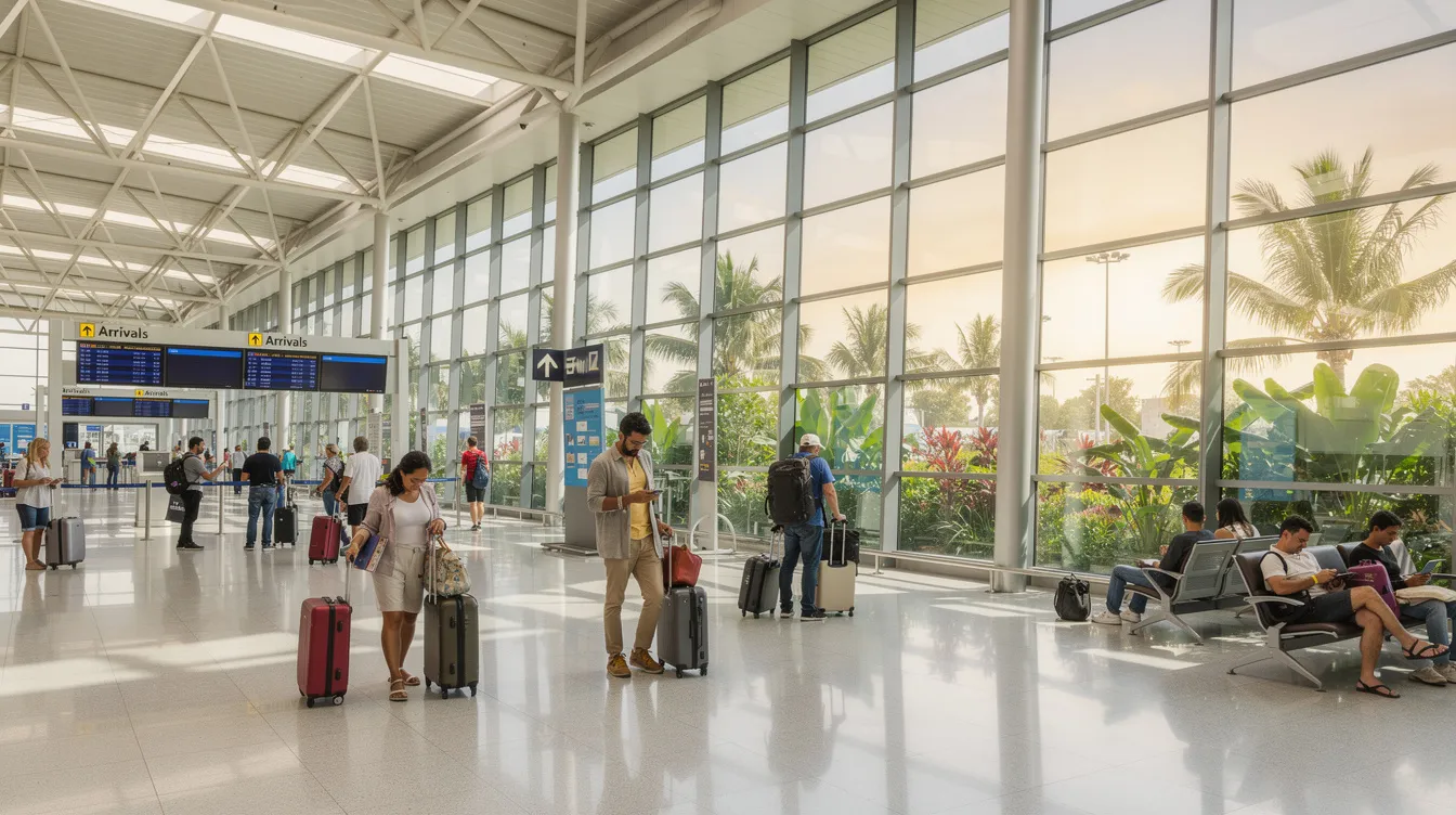 The image depicts travelers arriving at a modern international airport terminal, where lush tropical plants can be seen through large windows, creating a welcoming atmosphere for visitors entering Vietnam. Many travelers, including passport holders from various countries, may benefit from the Vietnam visa exemption policy during their stay.