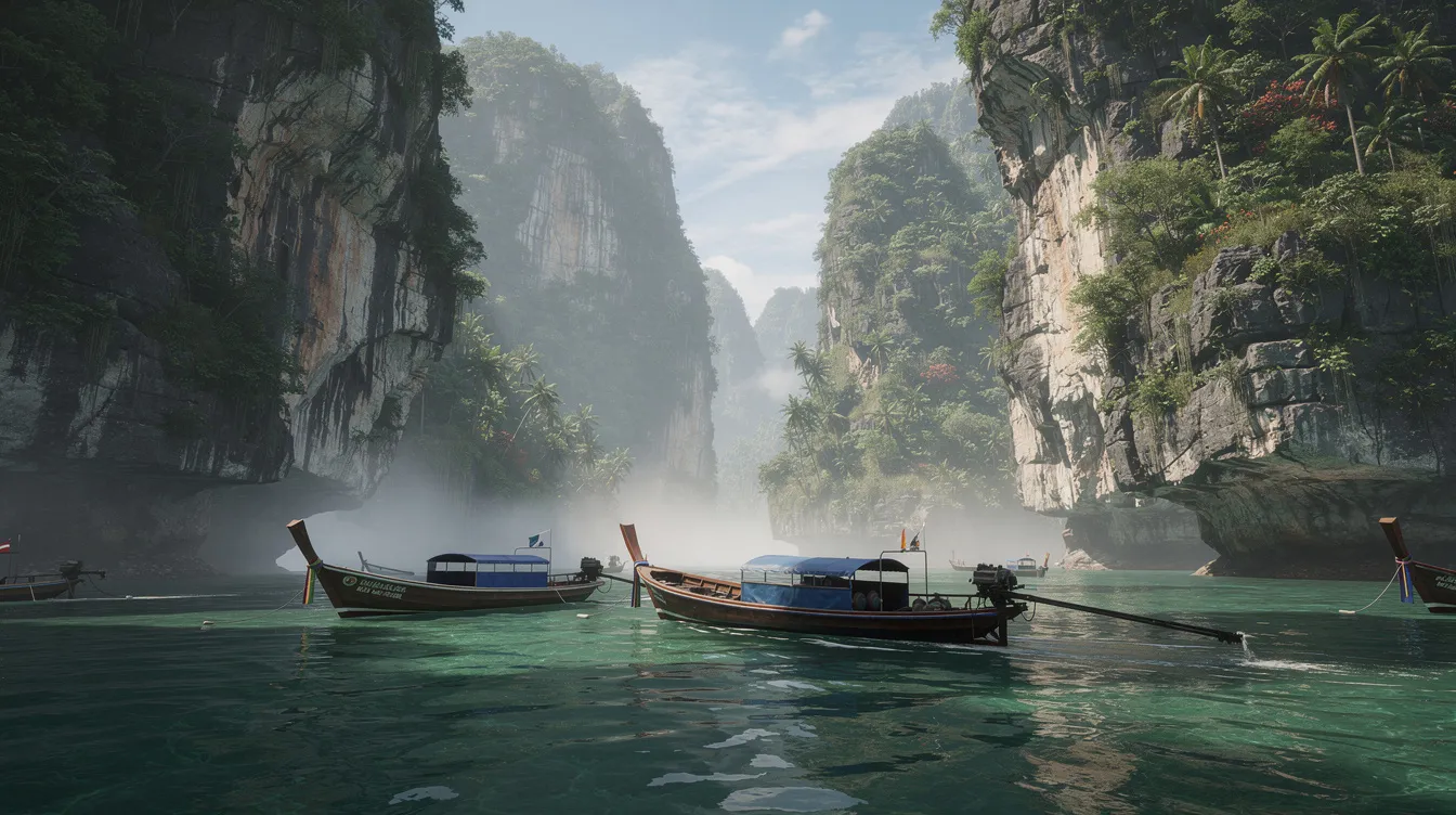 The image depicts a serene landscape featuring traditional boats gently floating on clear emerald waters, framed by towering limestone cliffs. This picturesque scene is a reminder of the natural beauty that attracts travelers to Vietnam, where obtaining a Vietnam e visa can facilitate their journey to such stunning locations.