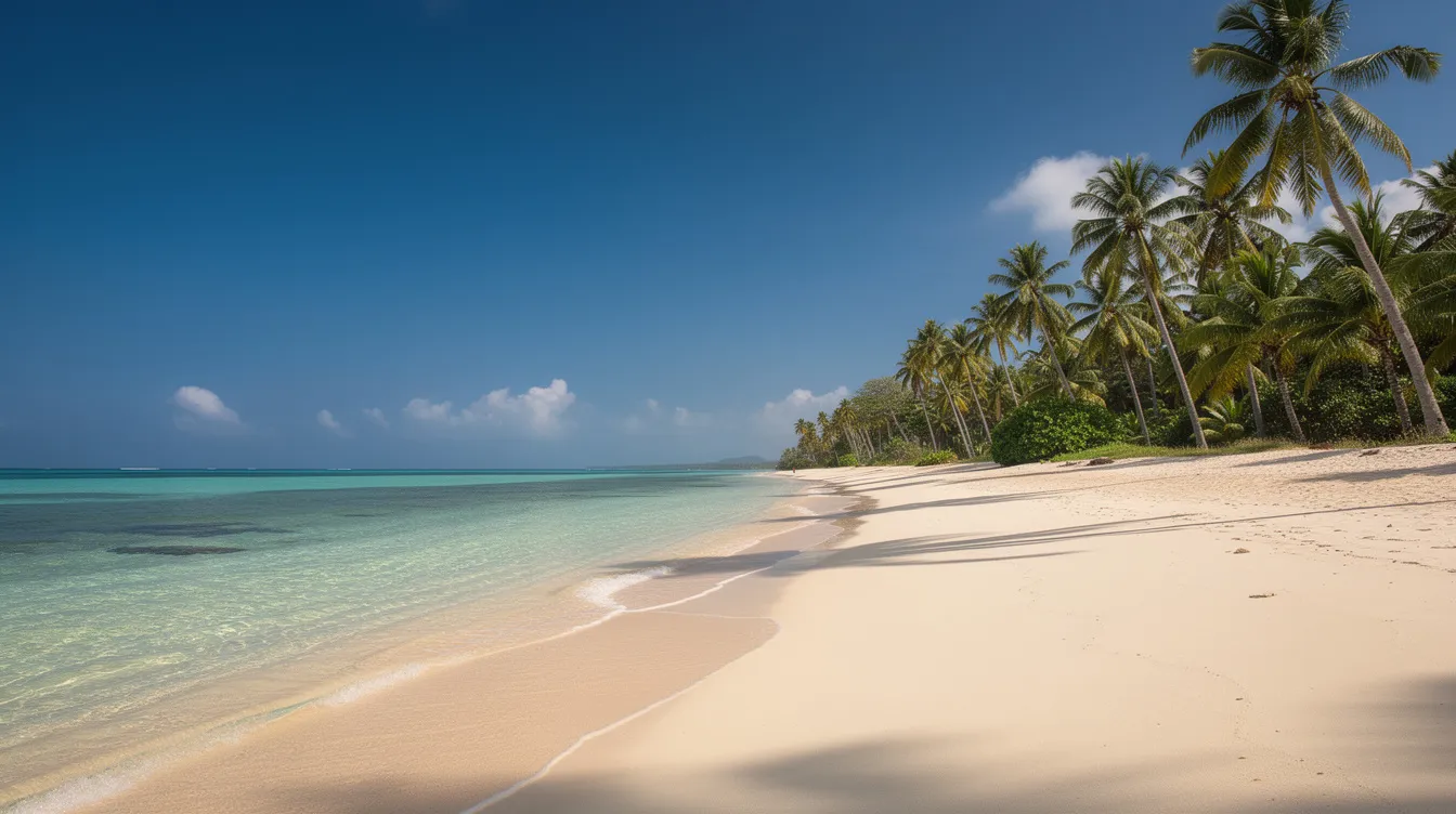 A picturesque tropical beach features crystal clear water and swaying palm trees under a bright sun, creating an idyllic setting for travelers seeking relaxation. This serene environment is perfect for visitors to Vietnam, especially those enjoying the country's visa exemption policy for eligible passport holders.