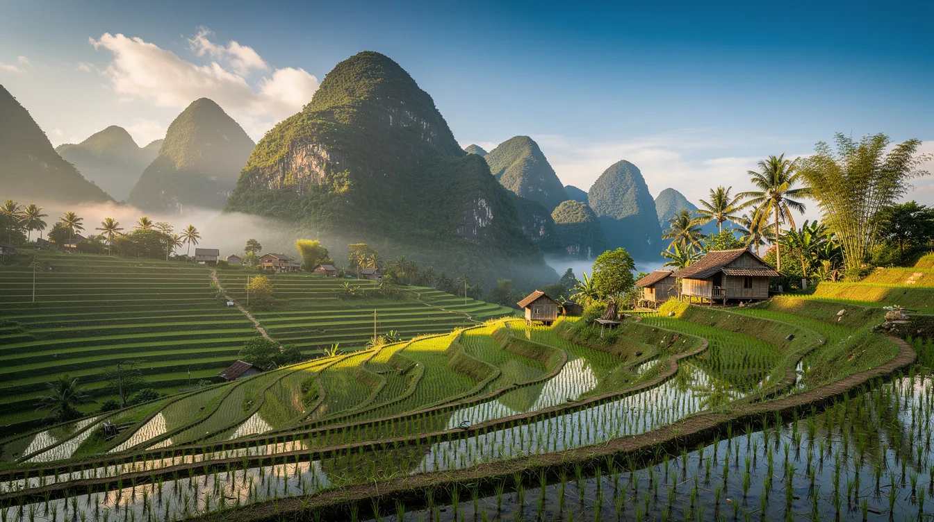 The image showcases a stunning Vietnamese landscape featuring lush green rice terraces cascading down the mountains, all under a clear blue sky. This picturesque scene highlights the natural beauty of Vietnam, inviting travelers to explore the country's rich culture and landscapes.