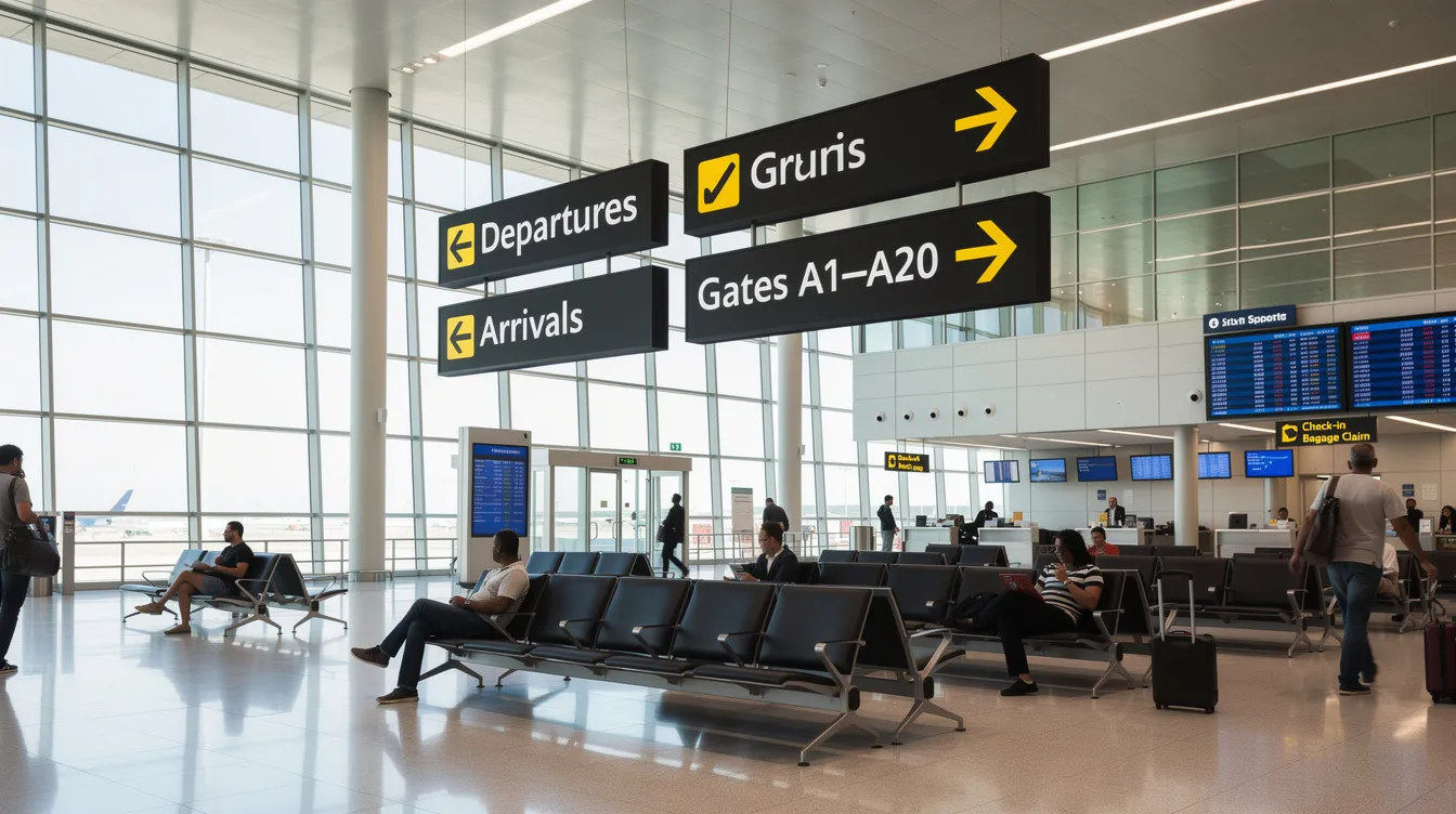 The image depicts a modern airport terminal interior featuring clear signage that guides travelers through various airport procedures, including a designated area for fast track service. The welcoming atmosphere is enhanced by organized spaces for passport control and luggage pickup, ensuring a seamless airport experience for business travelers and those arriving in Ho Chi Minh City.