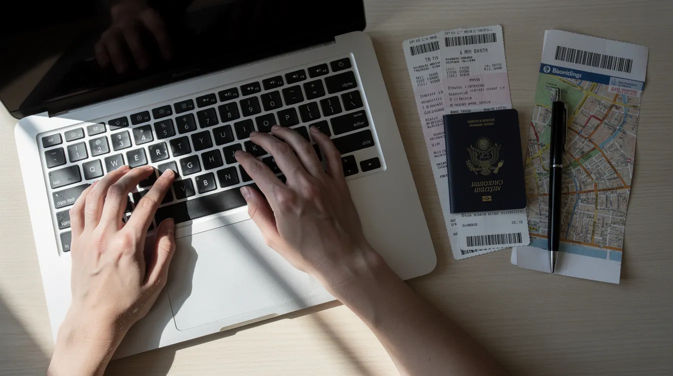 The image shows hands typing on a laptop keyboard, with travel documents such as a passport and visa applications placed nearby. This scene suggests preparation for a trip to Vietnam, highlighting the importance of obtaining a valid visa from the Vietnamese immigration department.