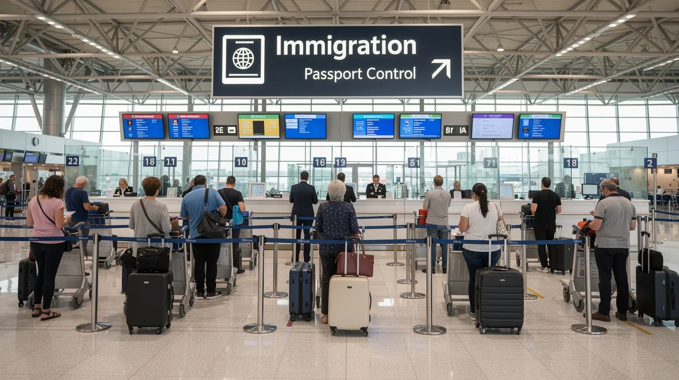 The image shows an international airport immigration checkpoint where passengers are waiting in line to go through the immigration process. This scene highlights the importance of having valid visas, such as a tourist visa or business visa, as travelers navigate through the immigration department to enter or exit Vietnam.
