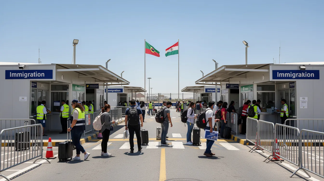 The image depicts a bustling land border crossing checkpoint, showcasing immigration buildings with travelers navigating between them. This scene highlights the importance of having a valid passport and understanding the visa extension process for those entering or exiting Vietnam.