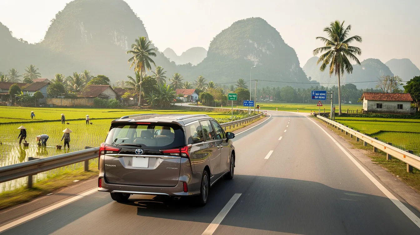 A minivan is driving along a highway that winds through the lush green countryside of Vietnam, showcasing the scenic landscape typical of rural areas. This image reflects the essence of travel in Vietnam, where visitors may need to consider their visa options and renewal procedures as they explore the country.