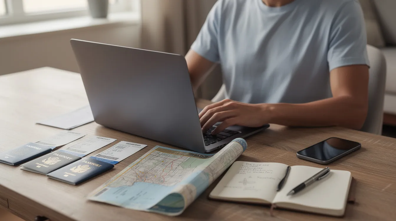 A person is focused on working at a laptop, surrounded by travel documents on the desk, which likely include information about the Vietnam visa exemption policy and requirements for valid passport holders. The scene suggests preparation for a trip to Vietnam, possibly for business negotiation or visiting relatives.