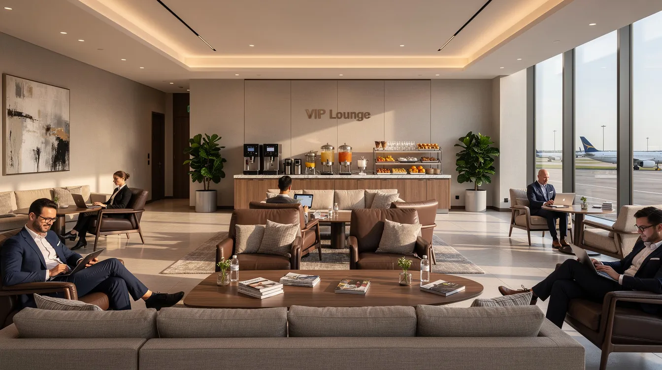 The image depicts a luxurious airport VIP lounge area featuring comfortable seating arranged for relaxation, ideal for business travelers seeking a stress-free experience. This serene space offers a welcoming atmosphere for those utilizing fast track services at major Vietnamese airports like Tan Son Nhat, ensuring a seamless airport experience.