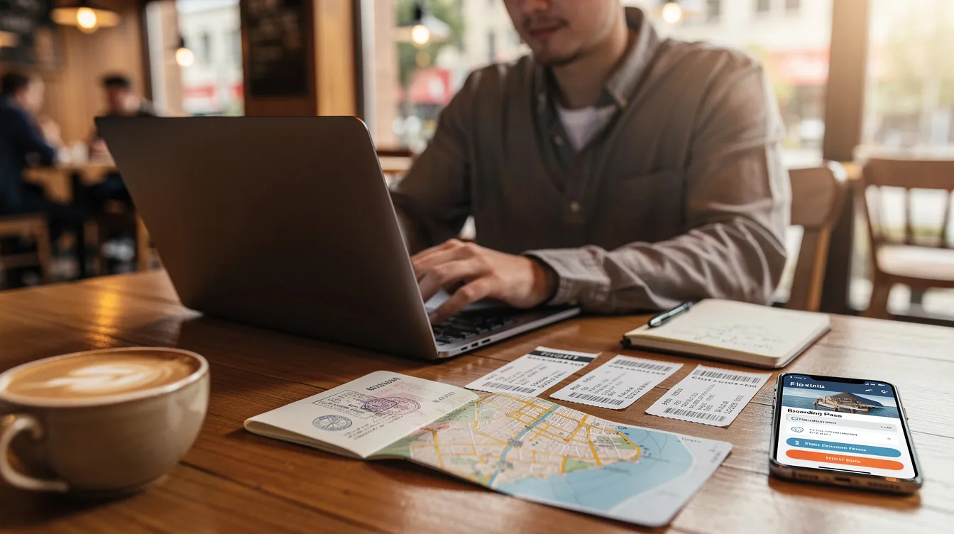 A person is seated at a cafe, focused on their laptop while surrounded by travel documents, including a valid passport and information related to their Vietnam e visa application. The scene captures a moment of preparation for their upcoming trip to Vietnam, highlighting the importance of ensuring all visa requirements are met for entry.
