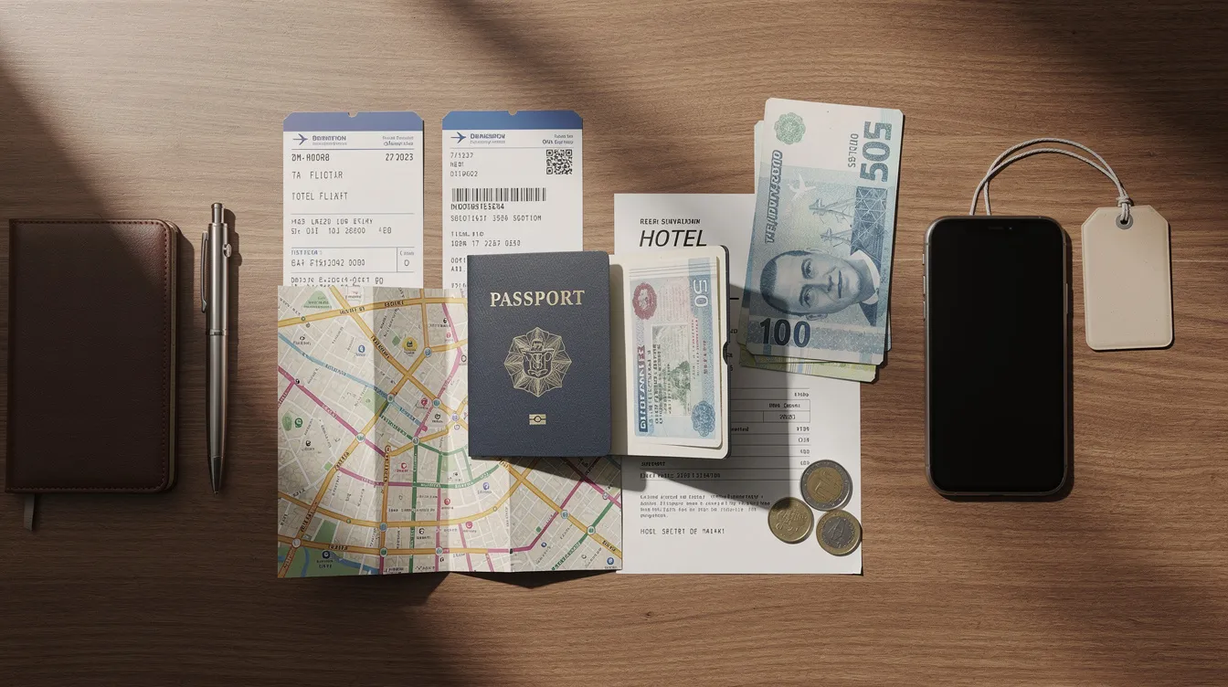 A valid passport and various travel documents, including a Vietnam e visa application, are neatly arranged on a wooden desk, emphasizing the importance of proper documentation for entering Vietnam. The scene highlights essential items like passport details and visa fees that travelers need to prepare for their journey.