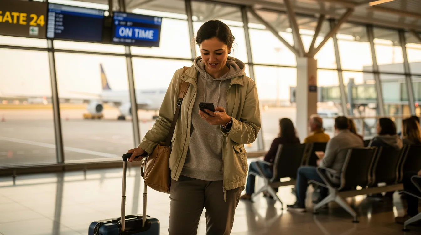 A traveler is standing at an airport gate, checking their phone with a relieved expression, likely confirming their visa approval for entering Vietnam. The scene captures the moment of relief as they navigate the e visa process, ensuring they have everything in order before their flight.