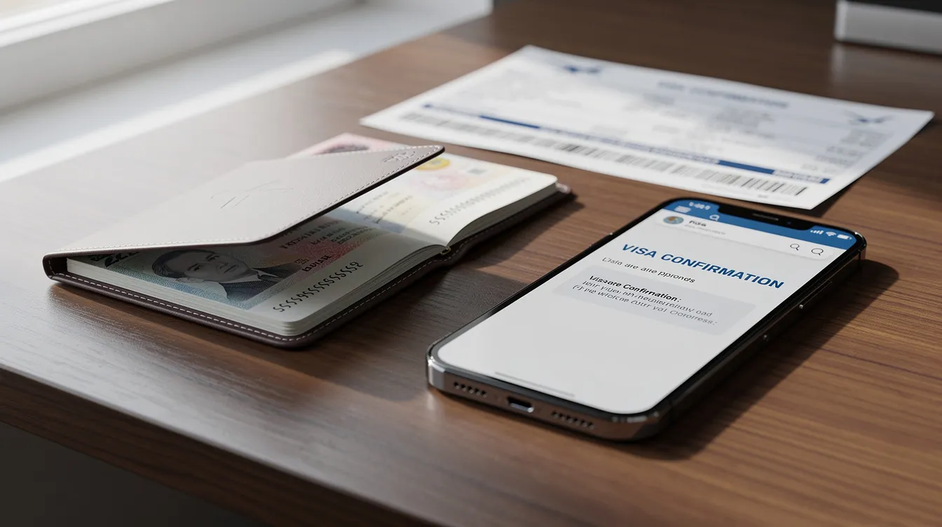 The image shows a passport and various travel documents neatly arranged on a desk, alongside a smartphone displaying a visa confirmation for an urgent Vietnam visa. This setup highlights the importance of having the necessary paperwork and visa approval for traveling to Vietnam.