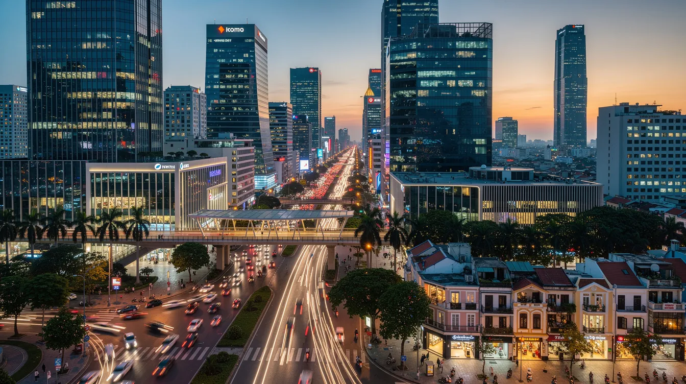 The image depicts a modern Vietnamese cityscape showcasing a bustling business district filled with sleek international commercial buildings. This vibrant urban environment reflects the dynamic atmosphere where foreign nationals can engage in business activities, often requiring a Vietnam business visa for legal status in the country.