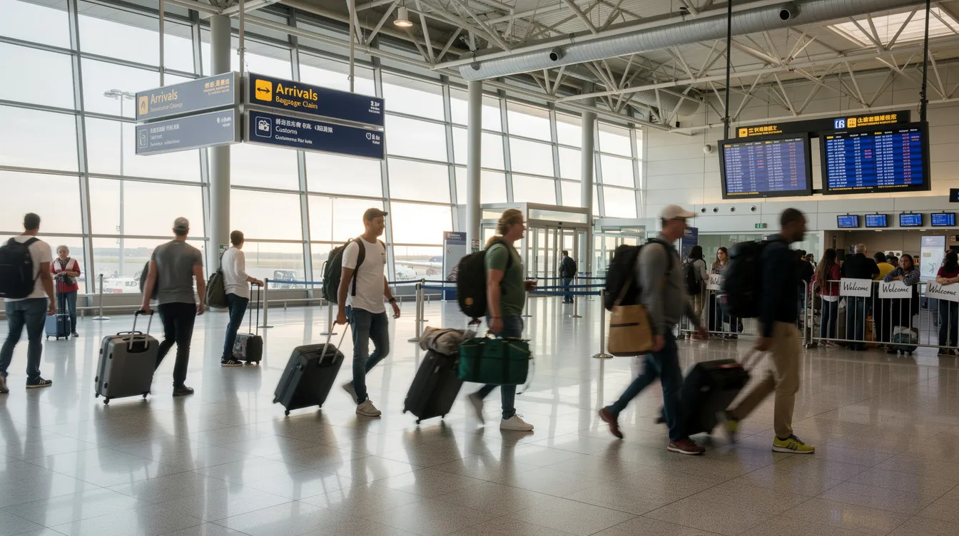 A bustling international airport arrivals hall filled with travelers carrying luggage, some checking in at counters while others navigate towards the exit. Signs indicate various destinations, including Vietnam, where travelers may need to present their valid visa or passport to meet the requirements set by the Vietnamese authorities.