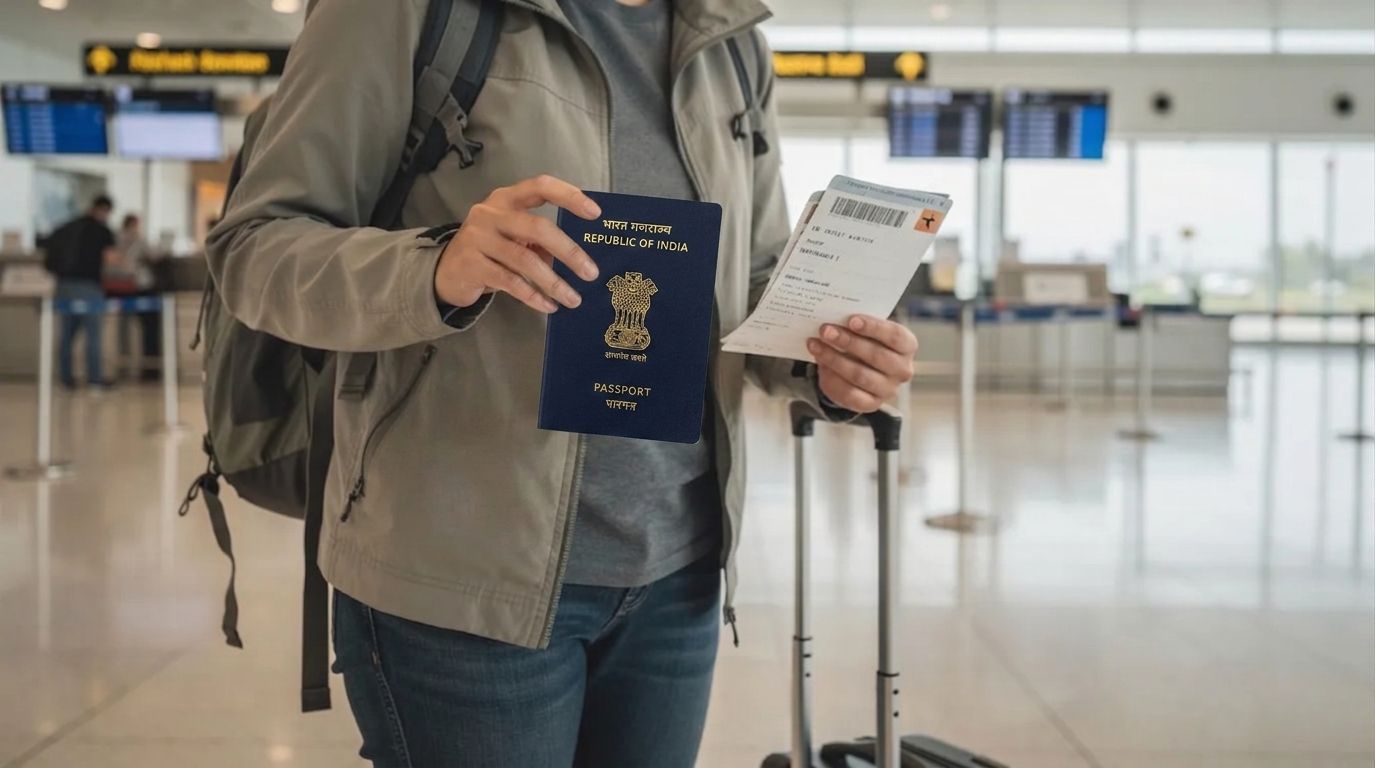 A traveler holding an Indian passport and travel documents at an airport terminal, ready for an international trip to Vietnam
