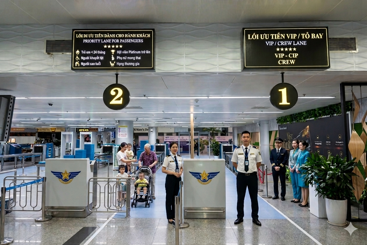 View of airport security lanes featuring clear signage for priority passenger access in Lane 2 and exclusive VIP and crew entry in Lane 1