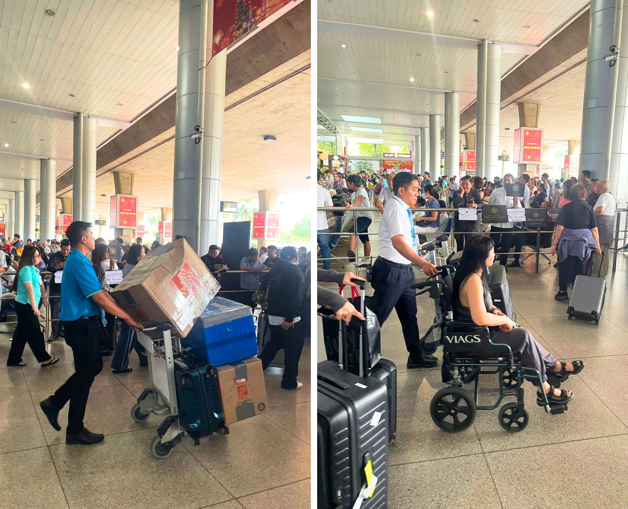 Airport staff assisting Vietnam visa exemption passengers with luggage and wheelchair service at Phu Quoc