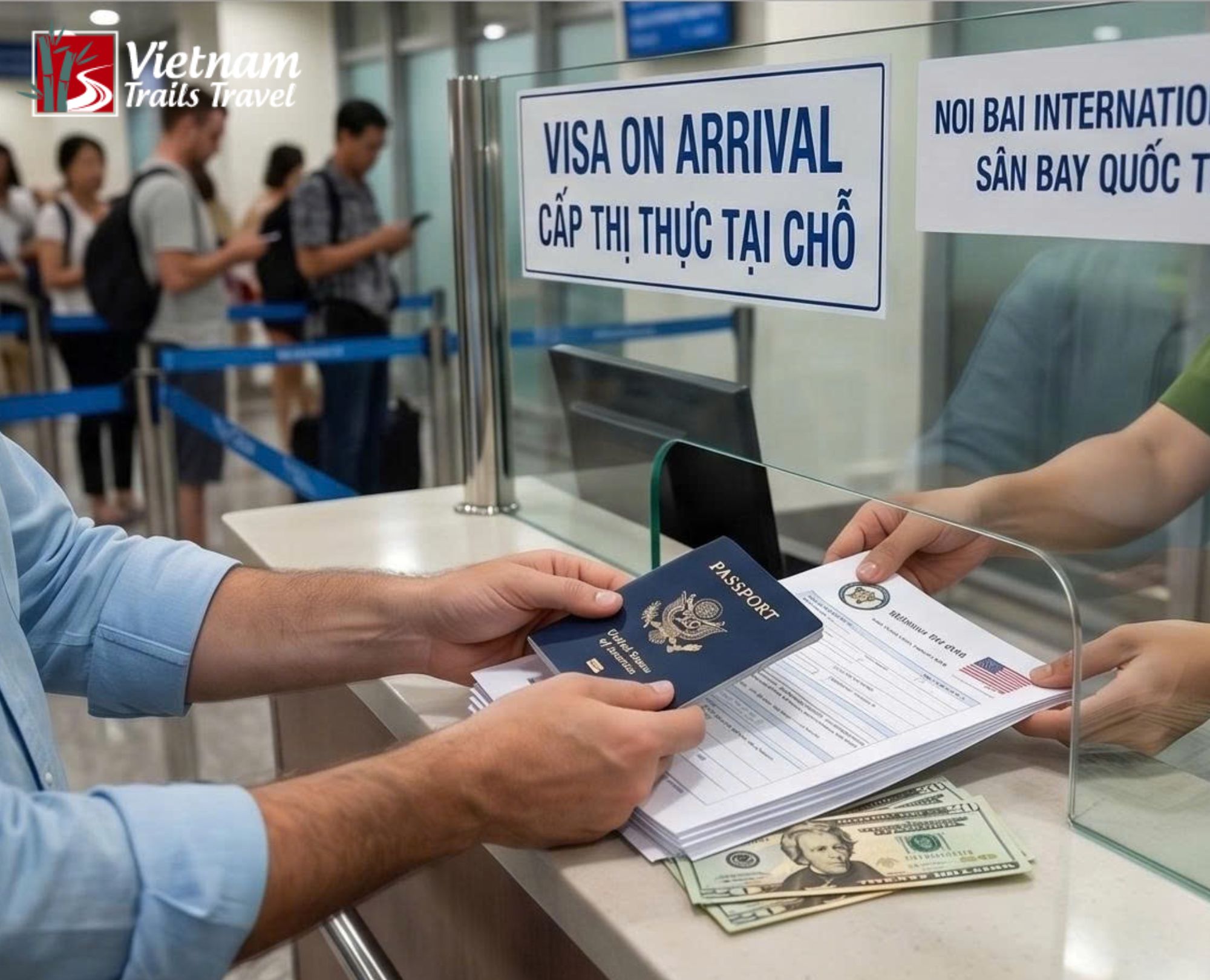 Close-up of a traveler handing over a visa application form and US dollars for the stamping fee at the Vietnam Visa on Arrival desk