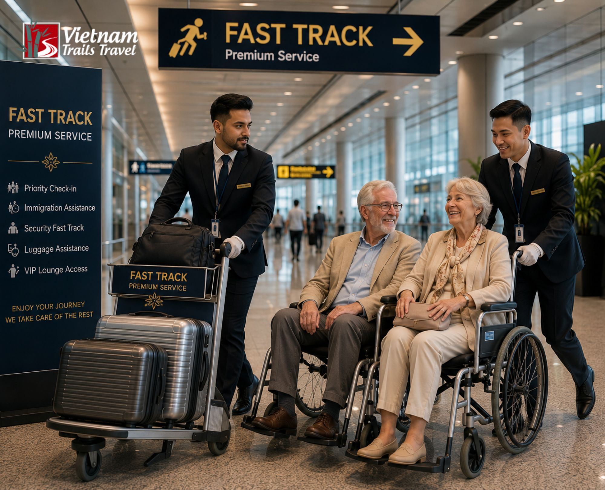 Fast Track Service premium experience where airport staff in suits and white gloves take care of everything so travelers can enjoy their journey