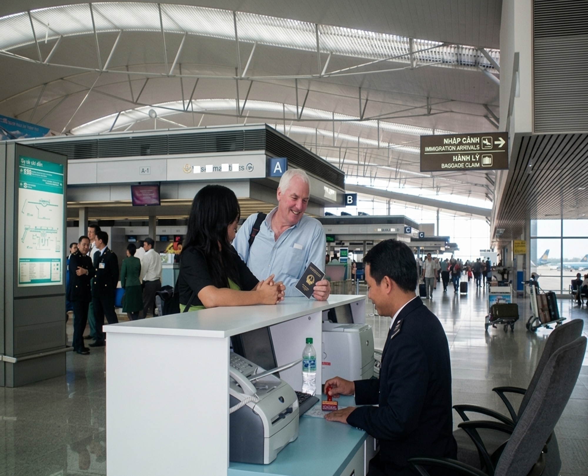Foreign traveler at the passport control desk for Vietnam immigration entry