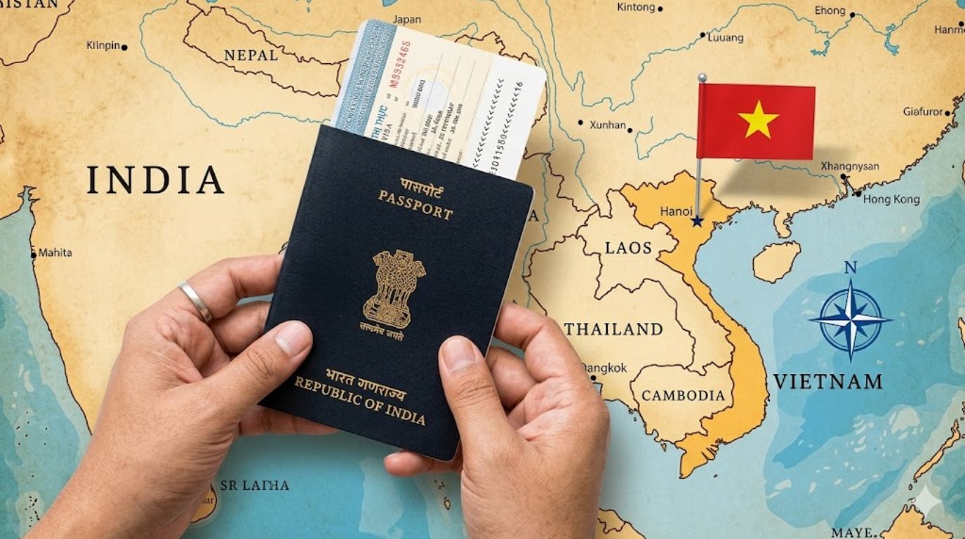 Hands holding a Republic of India passport with a secured Vietnam visa, symbolizing the start of a cultural journey from India to the heart of Hanoi.