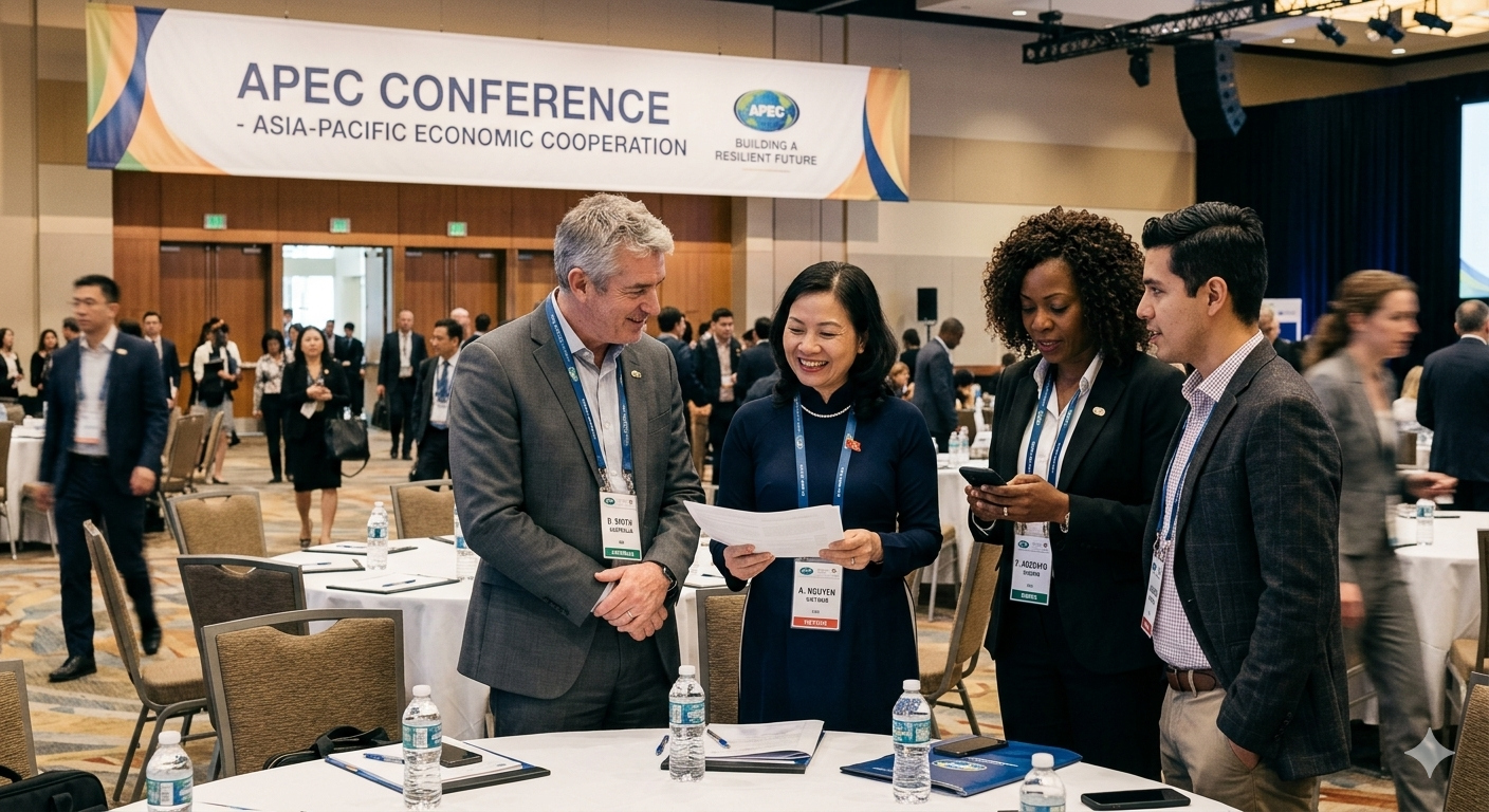 International delegates networking at an APEC Conference hall with a large event banner in the background