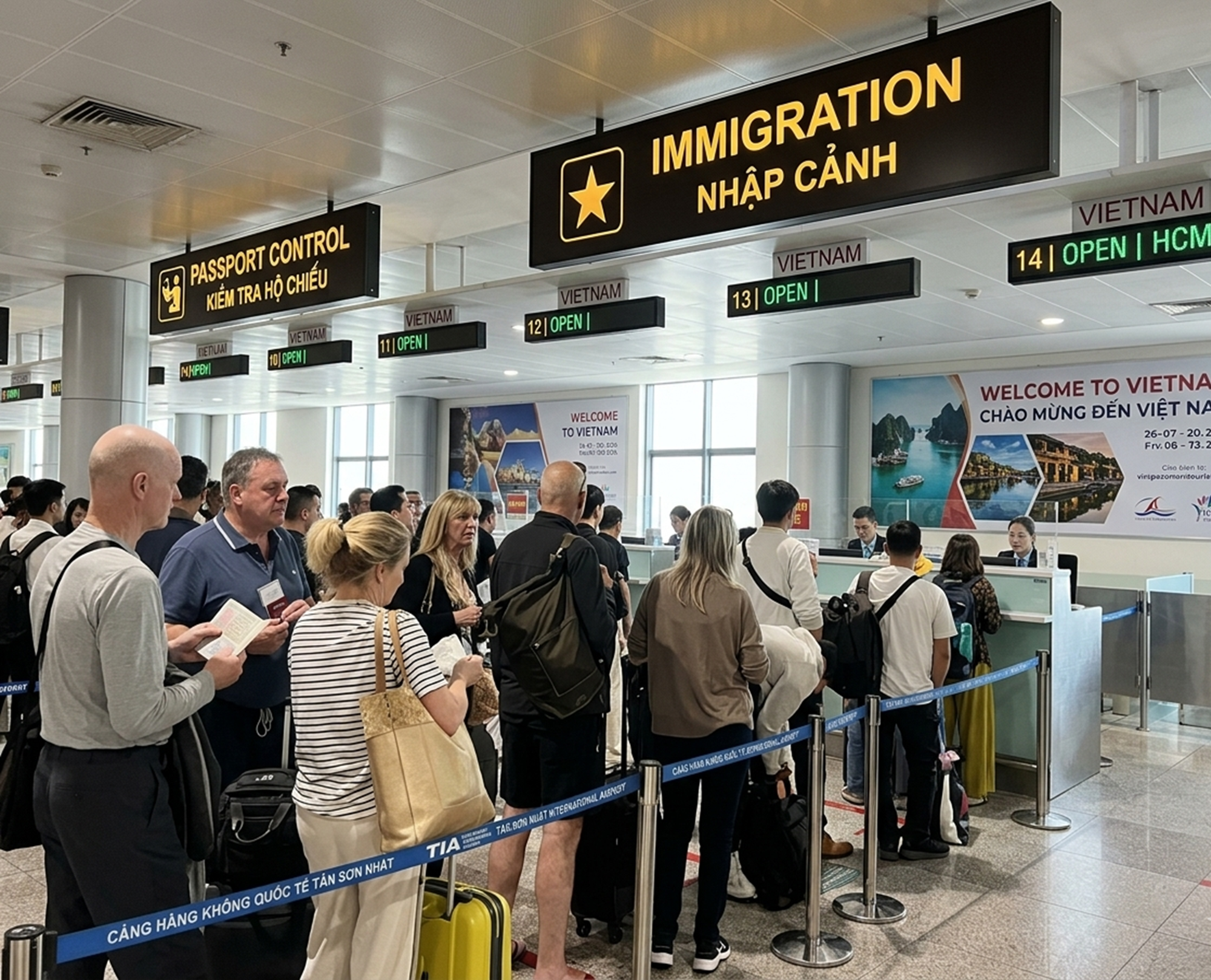 International travelers queuing at Vietnam immigration and passport control counters at Tan Son Nhat International Airport