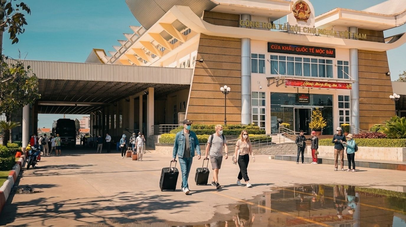 Pedestrians with luggage at the Vietnam Moc Bai Border Gate