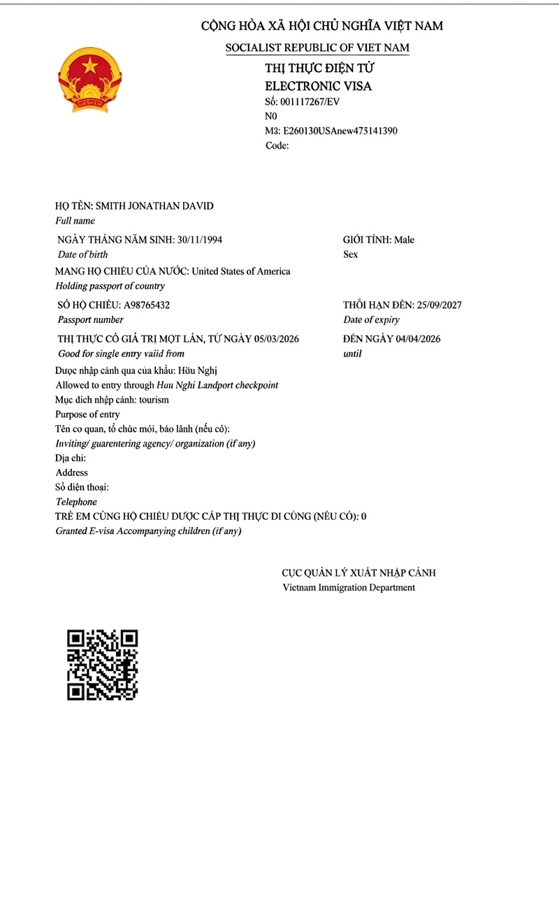 Sample of Vietnam e-visa for tourism, showing entry through Huu Nghi Landport checkpoint and validity details.