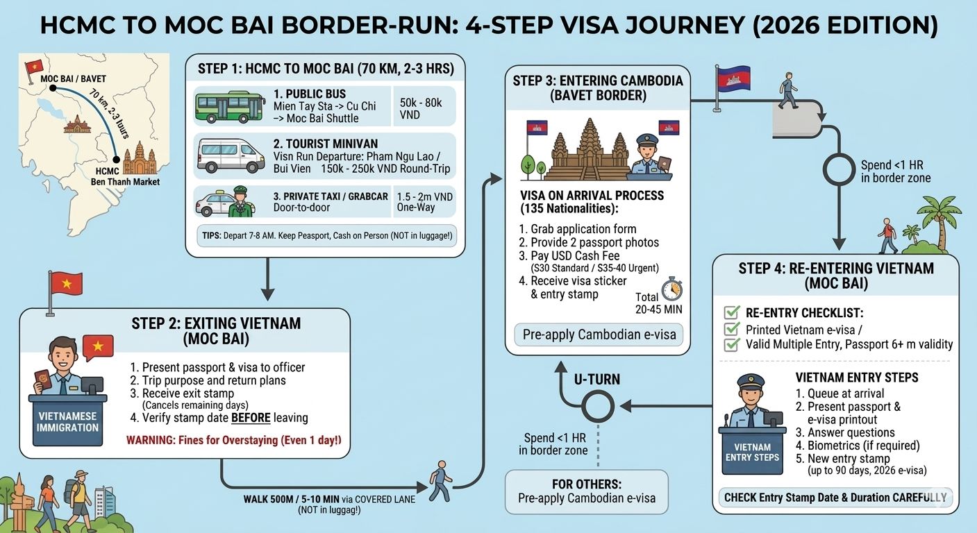 Step-by-step flowchart showing the visa border run process from Ho Chi Minh City to the Moc Bai and Bavet border crossing