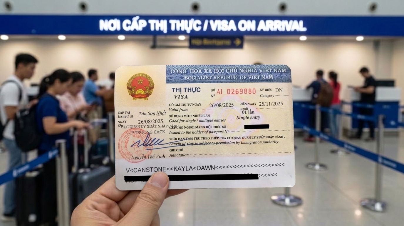 Traveler holding a Vietnam visa card at the Visa on Arrival counter in the airport