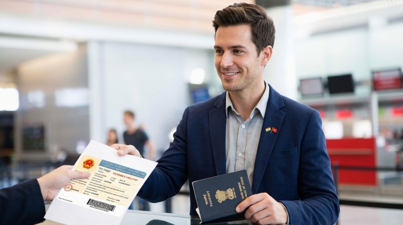 Traveler with passport collecting a Vietnam business approval letter at the immigration check-in desk.