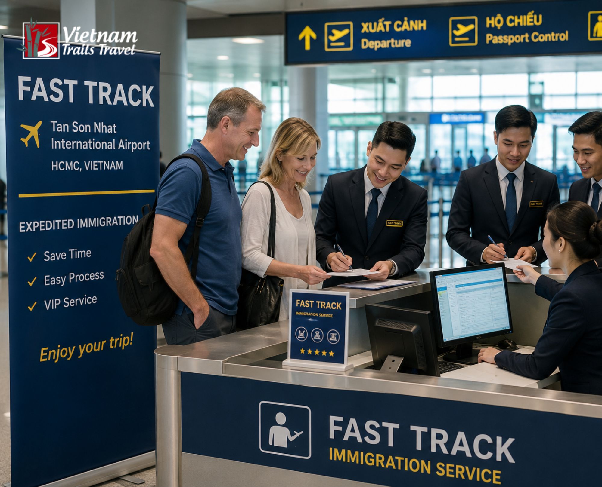 Travelers using Fast Track Service to save time and bypass queues at Tan Son Nhat Airport immigration checkpoint