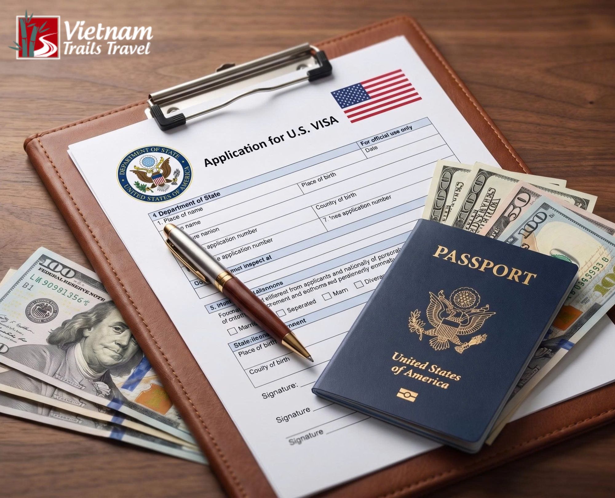 US citizen prepares required documents like a passport, a completed application form, and cash in US dollars for their Vietnam E-Visa