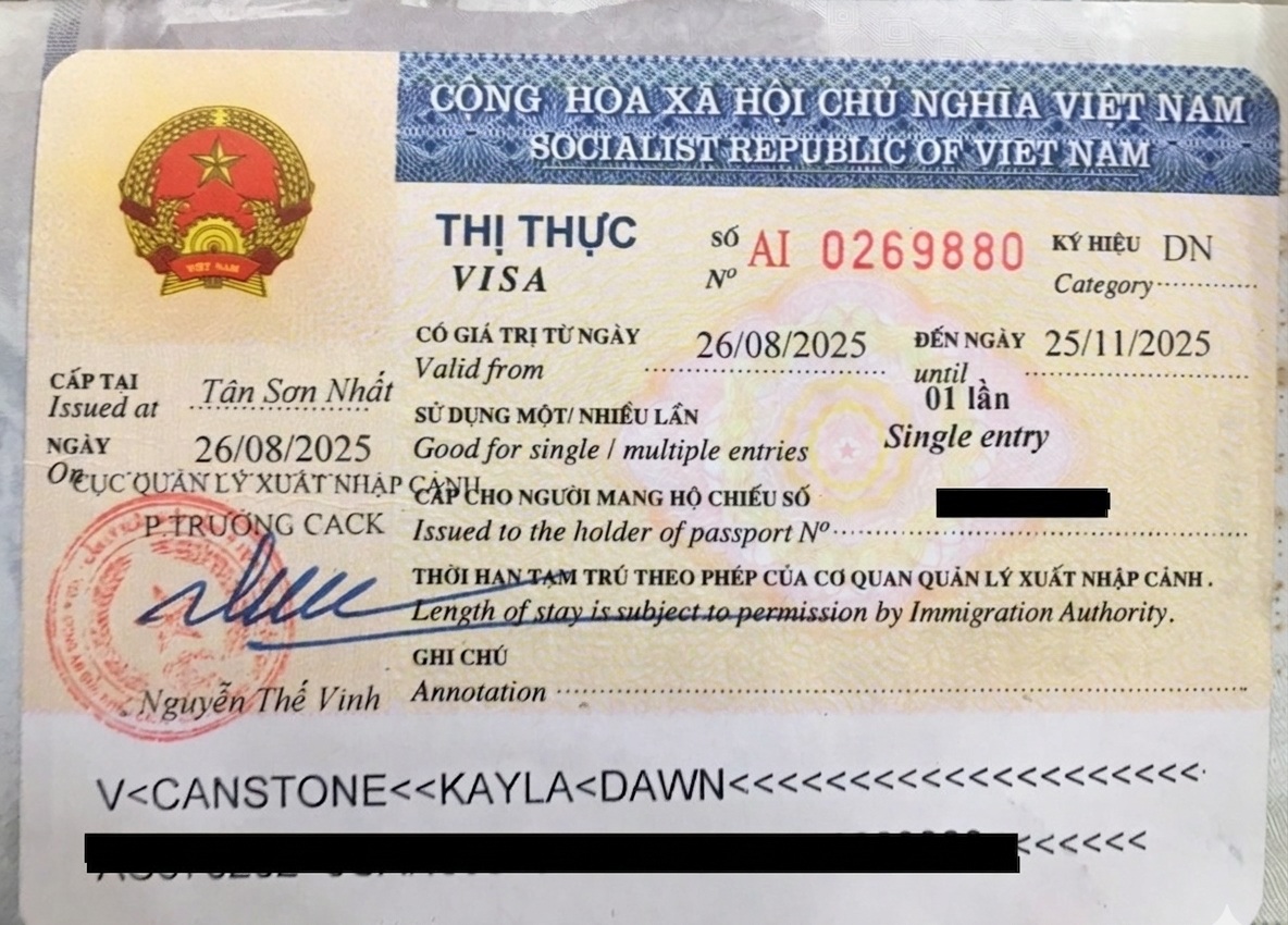 Vietnam single entry visa sticker issued at Tan Son Nhat airport