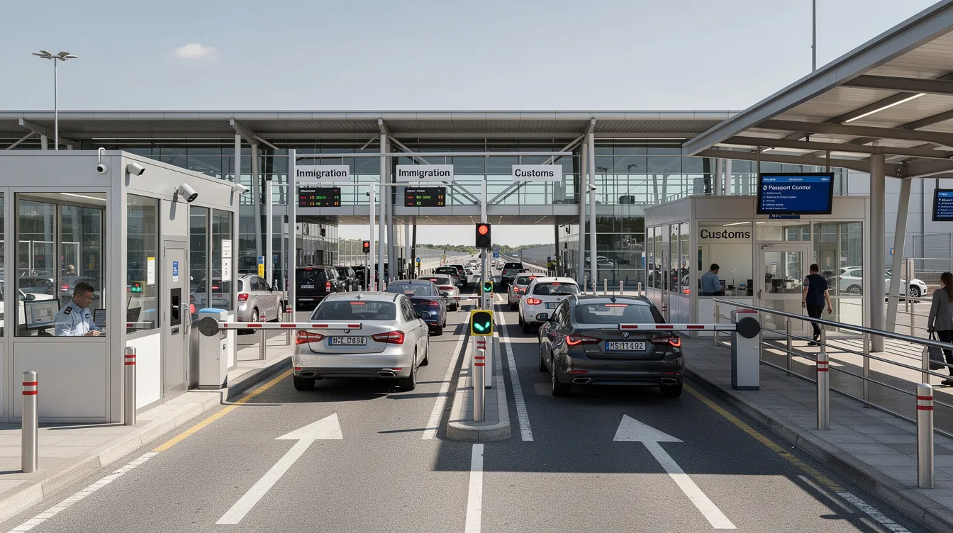 The image depicts a modern border crossing checkpoint featuring advanced immigration facilities, where foreign nationals entering Vietnam can process their business visa applications. The scene includes officials at counters, clear signage, and travelers presenting their valid passports and required documents for visa approval.