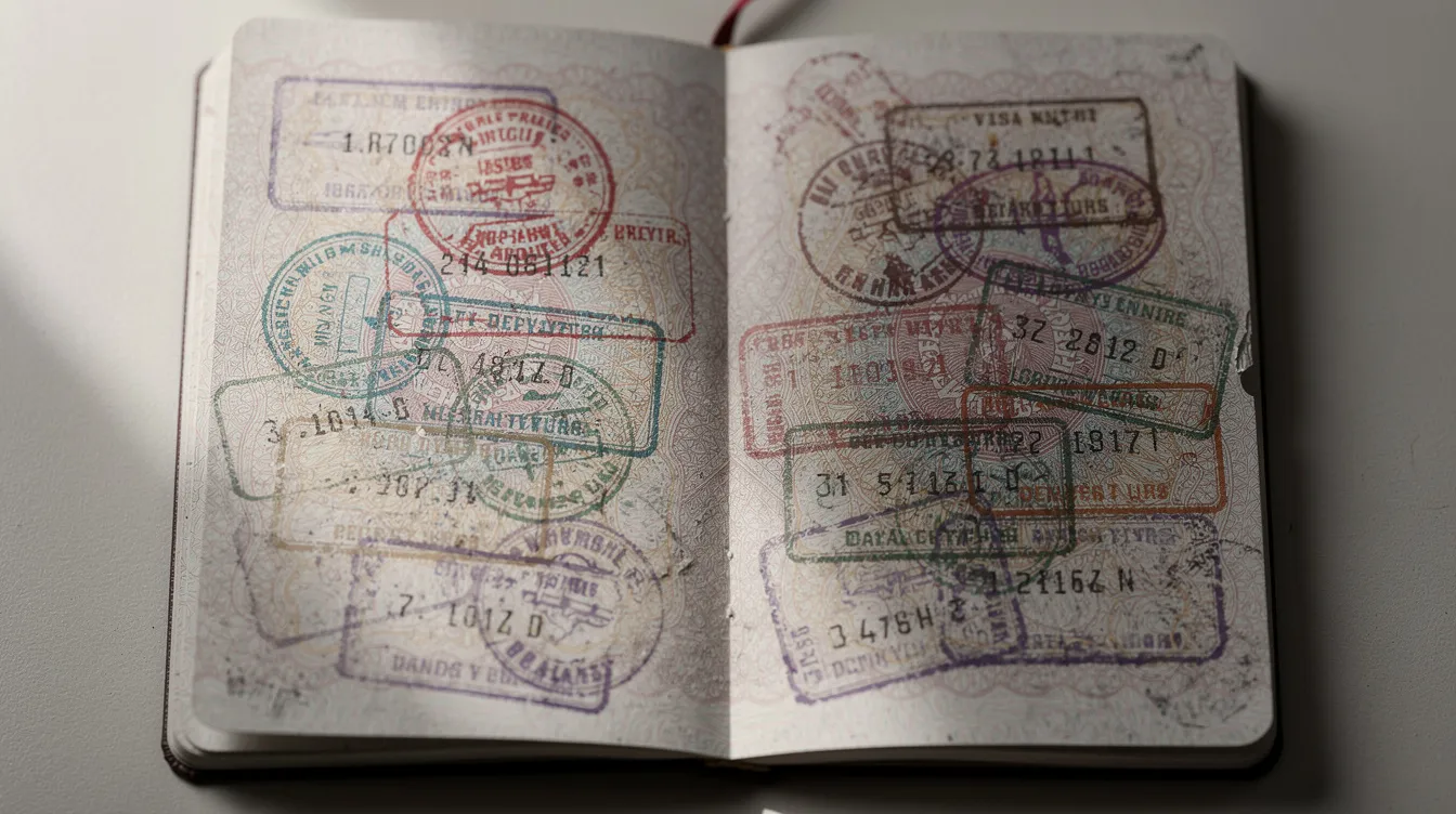 The image shows an open passport filled with vibrant visa stamps from various countries, symbolizing international travel and experiences. It highlights the importance of having a valid passport for visa renewals and extensions, including processes like the Vietnam visa extension or business visa in Vietnam.