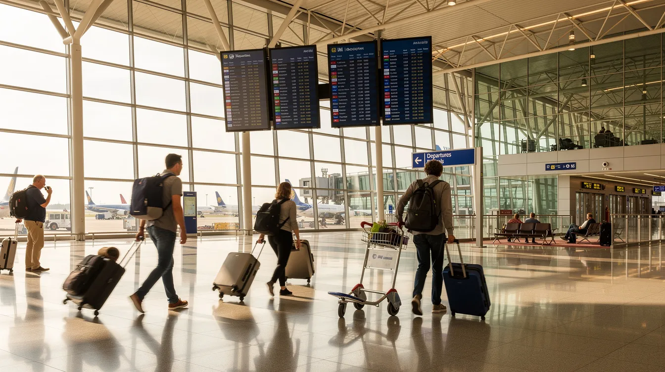 Travelers are seen walking through a spacious and modern international airport terminal, each carrying luggage as they navigate towards their departure gates. This bustling environment is a common starting point for those applying for a Vietnam e visa or planning to enter Vietnam for tourism.