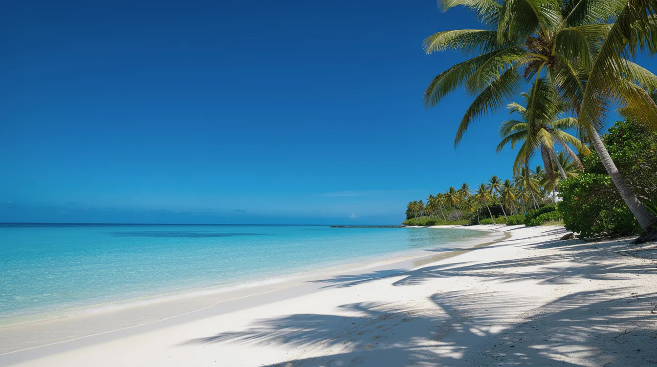 A vibrant tropical beach scene showcases clear turquoise water gently lapping against the shore, framed by lush palm trees under a bright sunny sky. This idyllic setting invites travelers, including Indian citizens seeking to visit Vietnam, to consider the necessary visa requirements for a seamless journey.