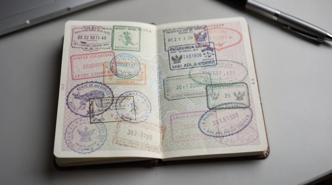 The image shows an open passport displaying various visa stamps and entry permits, highlighting the travel history of its owner. This visual emphasizes the importance of keeping track of visa validity and compliance with Vietnam immigration laws to avoid issues such as visa overstay penalties.