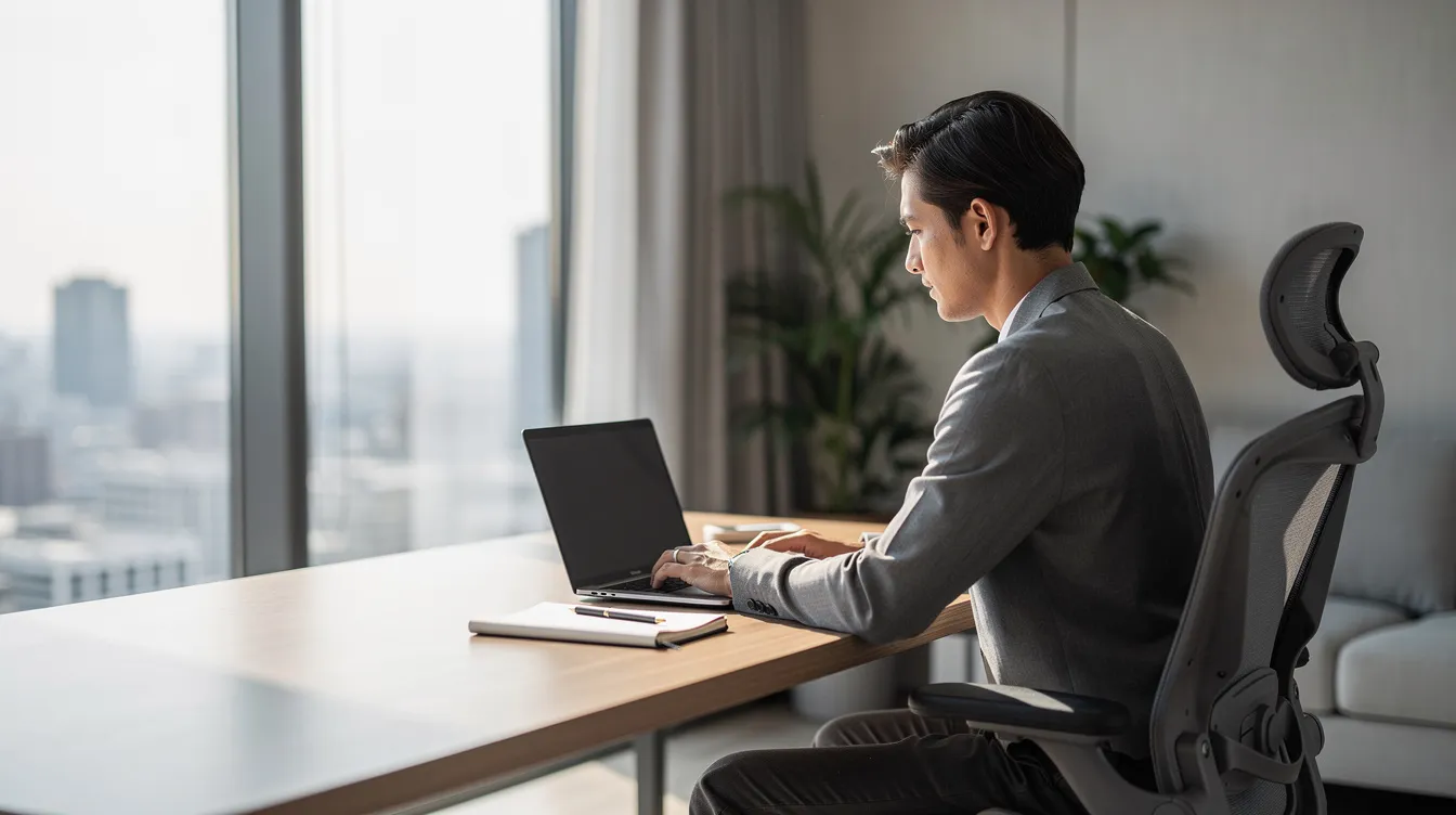A person is focused on their laptop in a modern office setting, surrounded by sleek furniture and bright lighting. This image conveys a professional atmosphere, which could relate to tasks such as applying for a Vietnam visa or managing visa approval letters for Indian citizens.