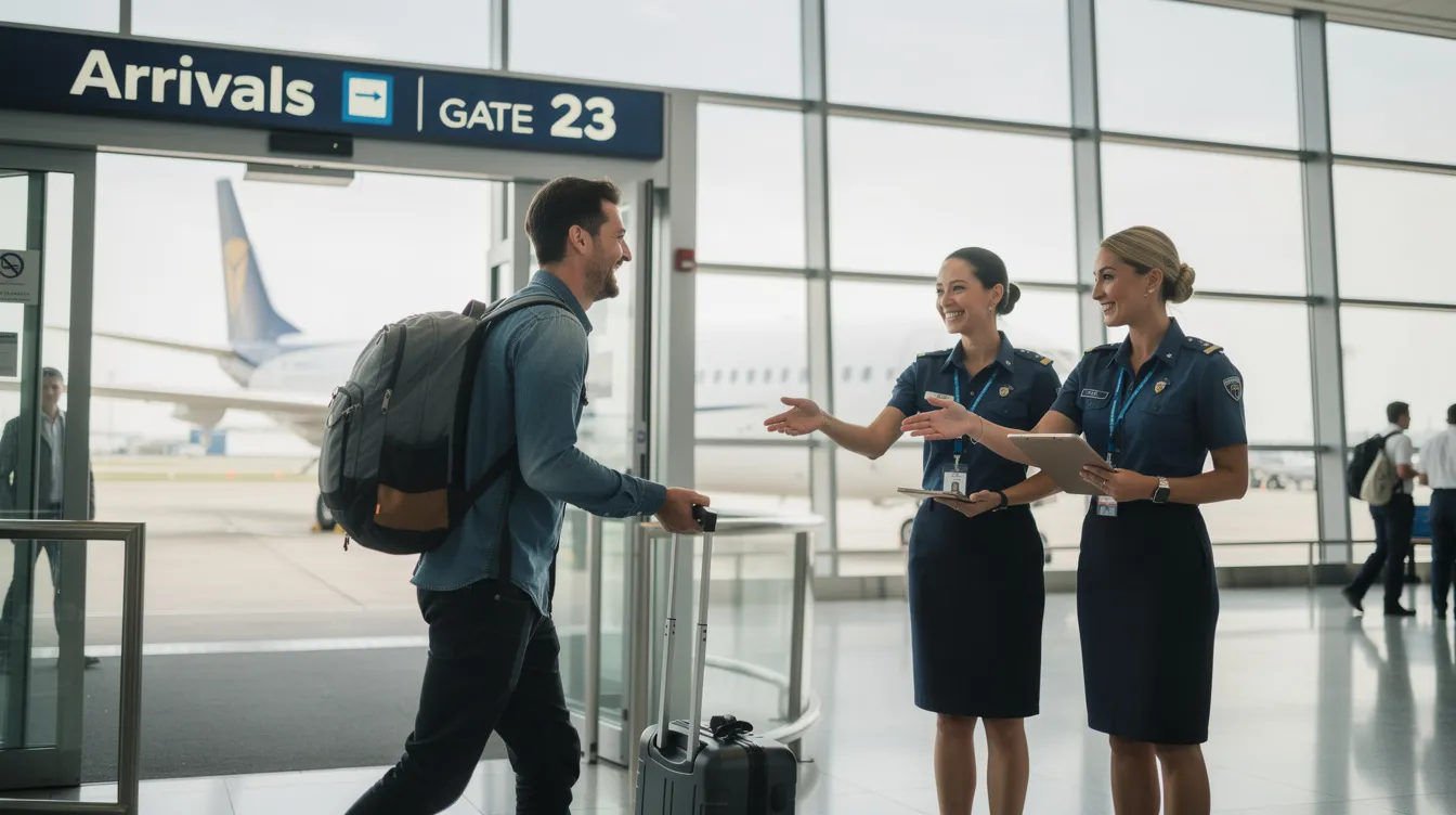 A traveler is being warmly greeted by uniformed airport staff at the arrival gate, showcasing a seamless airport experience. The staff is ready to provide personalized assistance with immigration fast track services, ensuring a stress-free arrival at Tan Son Nhat Airport in Ho Chi Minh City.