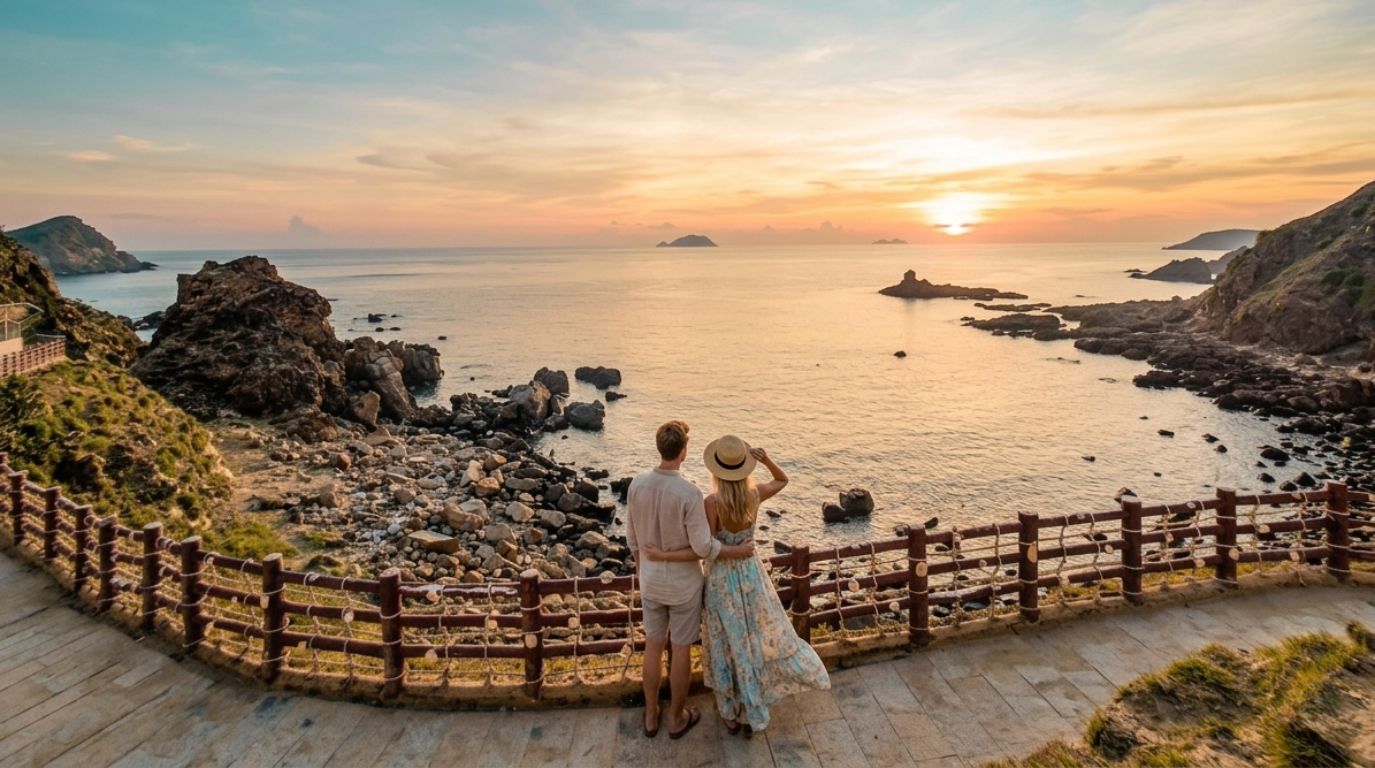 A couple standing at Eo Gio, watching the sunset over a rocky coastline and ocean