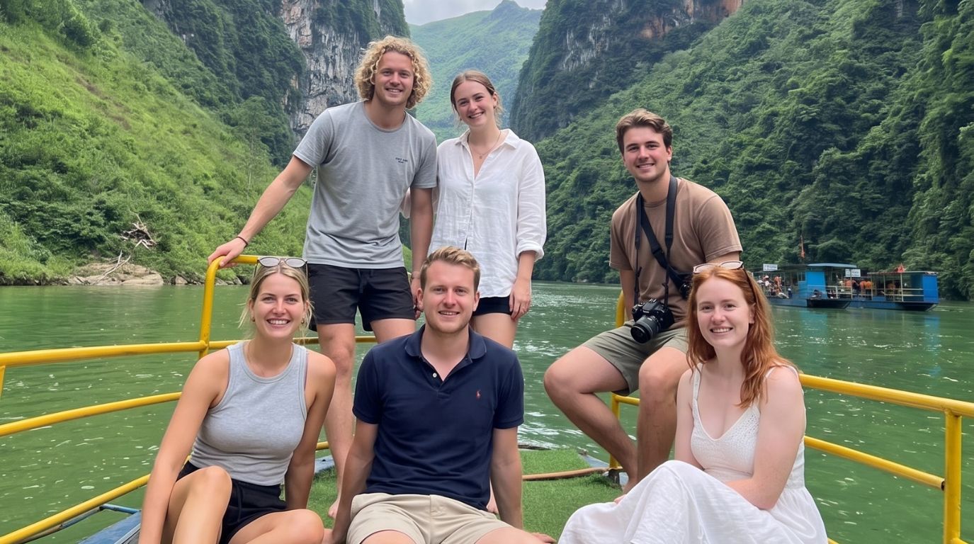 A group of international friends relaxing on a boat tour through the majestic Tu San Canyon on the Nho Que River, Ha Giang