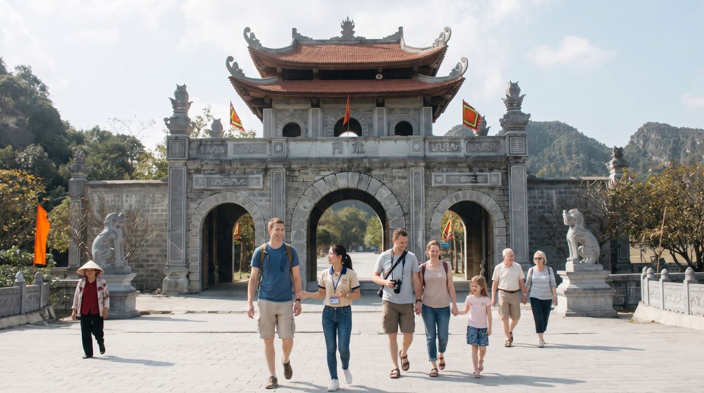 A group of tourists walking through the historic traditional stone gate of Hoa Lu Ancient Capital in Ninh Binh
