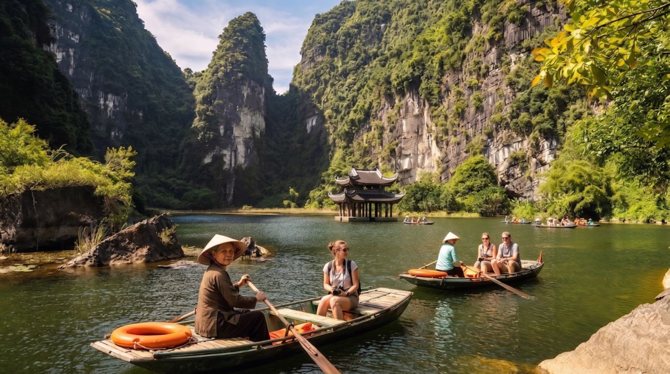 A local woman rowing a wooden boat for a tourist on the peaceful emerald waters of Trang An, Ninh Binh