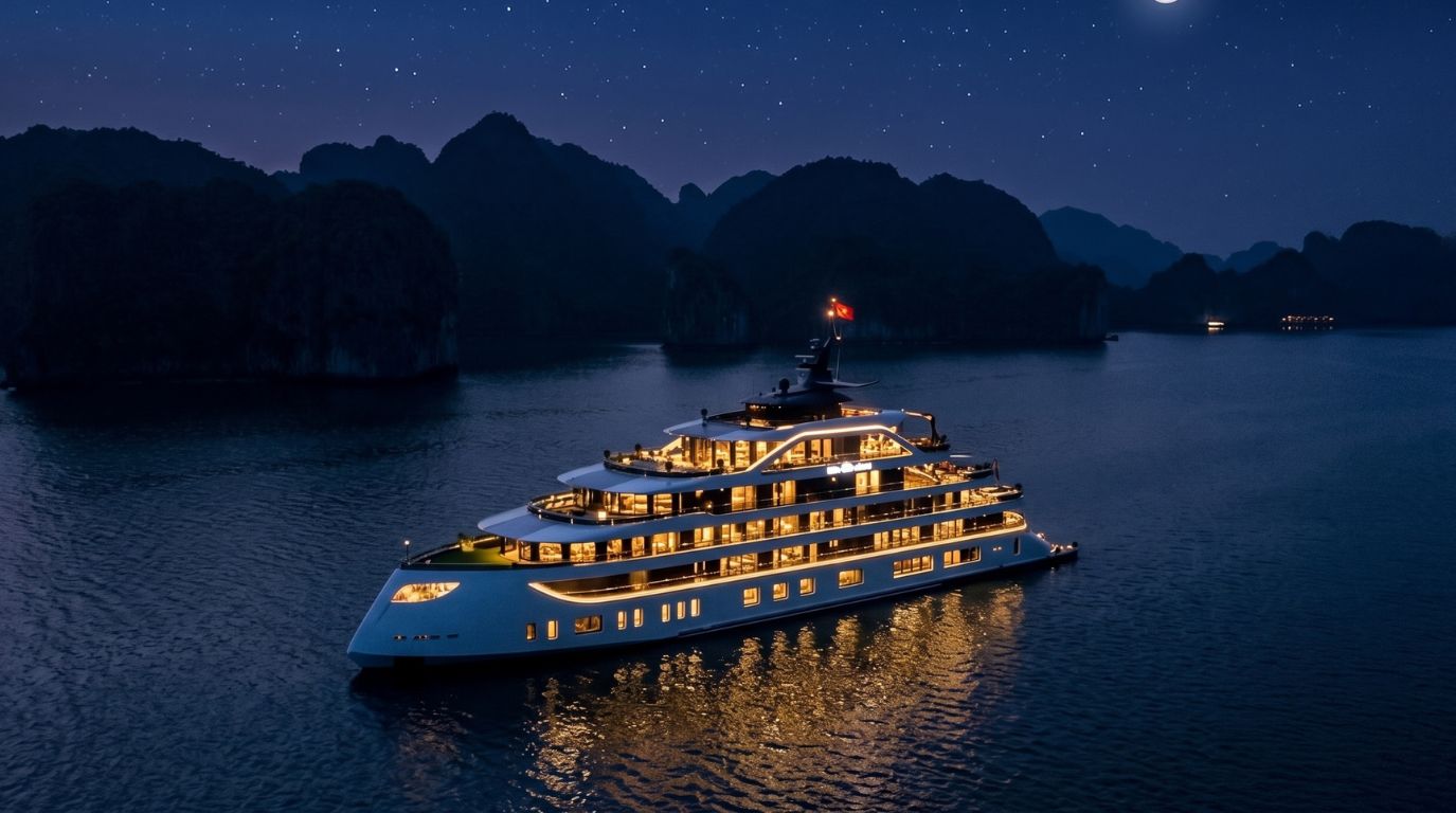 A luxurious cruise ship brilliantly illuminated at night, anchored in the calm waters of Halong Bay under a starry sky