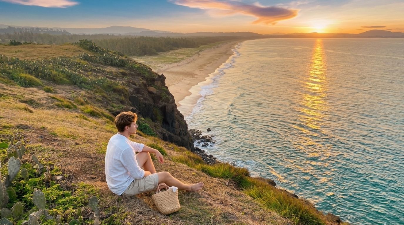 A male traveler sitting on a grassy cliff edge, watching a vibrant sunset at Bai Xep