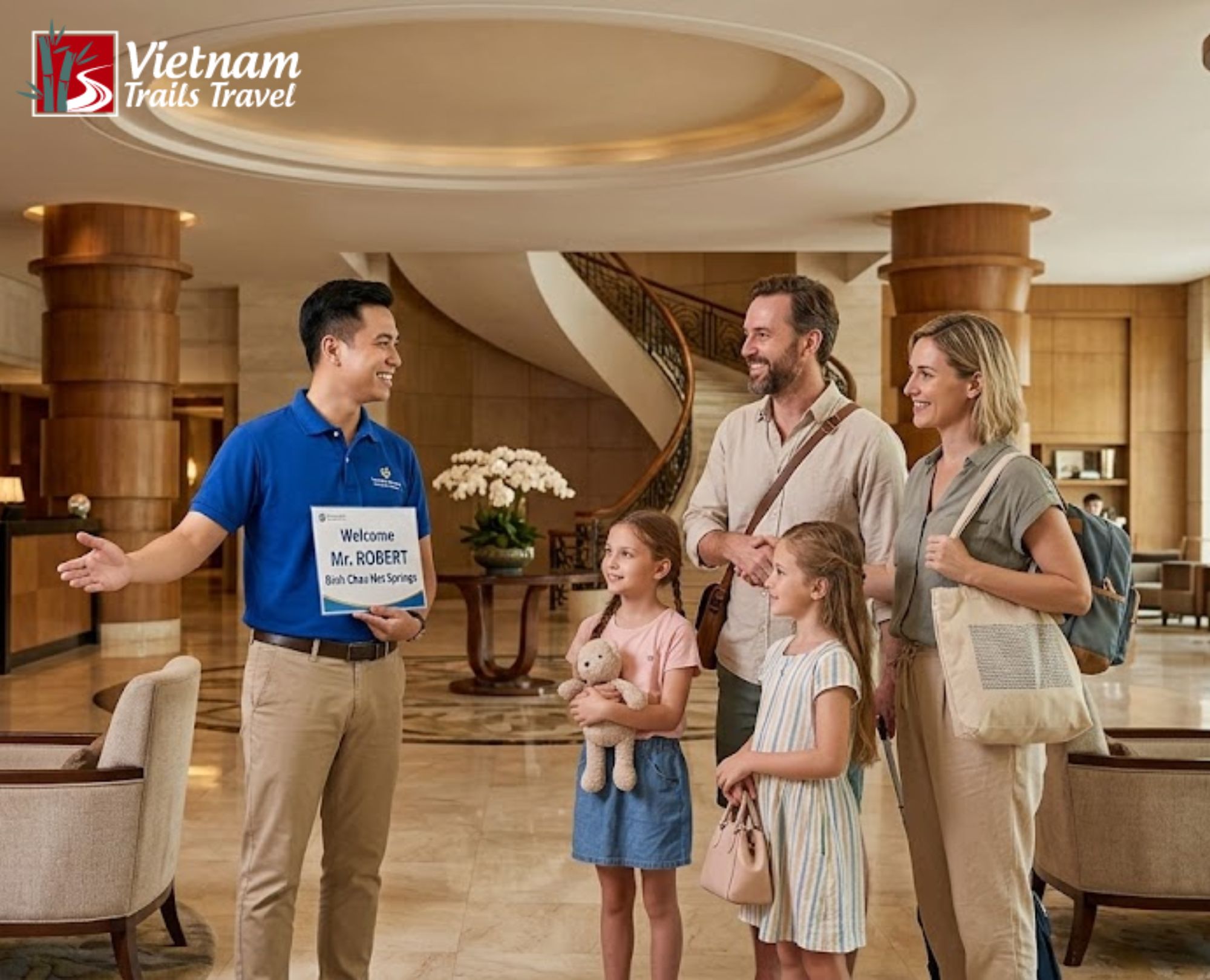 A professional tour guide providing a warm welcome and hotel pickup service for a family's private excursion to Long Tan Battlefield