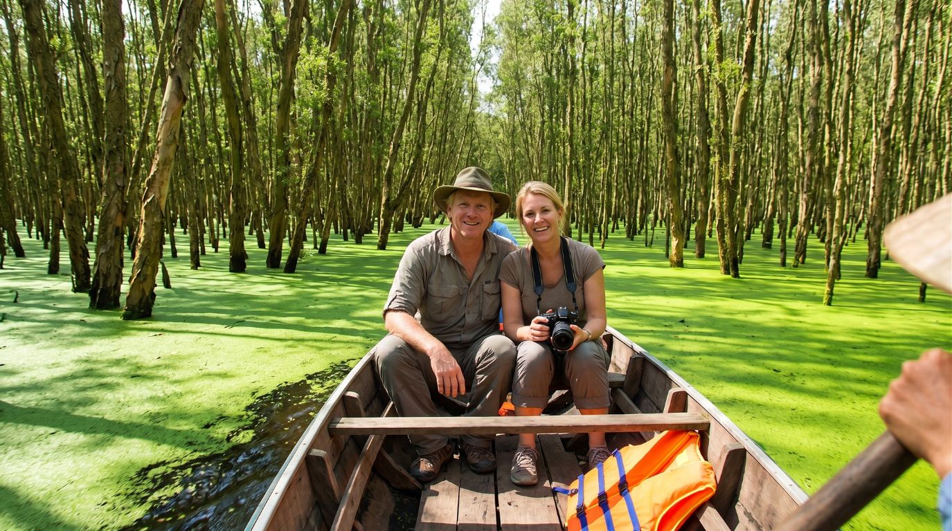 A relaxing eco-tourism boat ride through the stunning green duckweed of Tra Su Cajuput Forest in An Giang